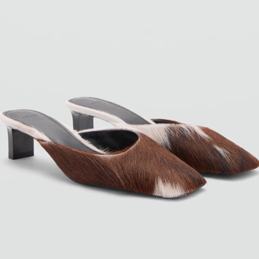 MANGO Leather Cow Print Mules